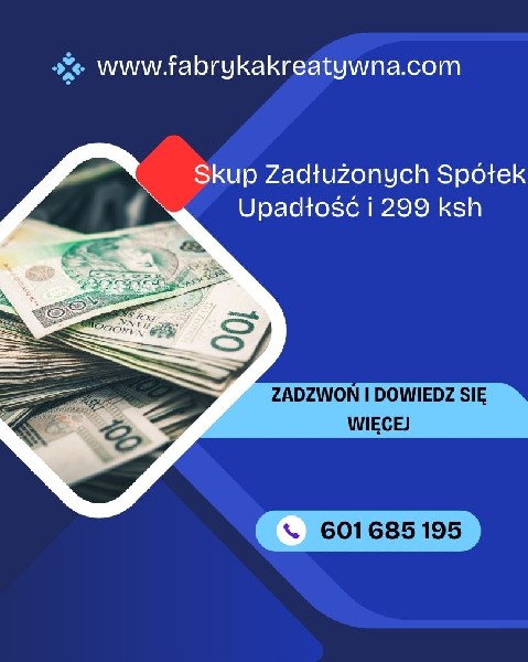 Złożenie wniosku o ogłoszenie upadłości to nie to samo, co ogłoszenie upadłości! Wiemy już, że w pewnych określonych okolicznościach na każdym przedsiębiorcy ciąży obowiązek złożenia wniosku o ogłoszenie upadłości. Pozwala to m.in. uniknąć odpowiedzialności odszkodowawczej z tytułu niezłożenia wniosku, zaś członków zarządu spółek z ograniczoną odpowiedzialnością zwalnia z osobistej odpowiedzialności za zobowiązania spółki. Oddalenie wniosku przez Sąd wywiera w zasadzie takie same skutki prawne, jak niezłożenie wniosku w terminie. Nie zwalnia zatem z żadnego z rodzajów odpowiedzialności, o których wspominałem na wstępie. Tak samo będzie w przypadku wniosku zwróconego przez Sąd z przyczyn formalnych (braków formalnych lub nie uiszczenia właściwej opłaty sądowej).W skrócie :Oddalenie Upadłości = Bezskuteczność Egzekucji = Odpowiedzialność za Zobowiązania z art. 299 k.s.h. i nigdy nie będzie inaczej !!!ale i z takiej sytuacji można wyjść obronną ręką ? 299 ksh to bezskuteczność egzekucji, kupując zadłużoną spółkę pomagamy na każdym etapie postępowania, pomagamy również w likwidacji spółek.Doradztwo Kryzysowe i Restrukturyzacyjne w Zakresie Ochrony Członków Zarządu.Ochrona majątku poprzez optymalizację procesu rejestracji Spółki.Ograniczenie ryzyka skutków działań przed i pokontrolnych.Odtwarzanie dokumentacji Spółek/JDG przez nowo powołany Zarząd zgodnie z Ustawą o Rachunkowości.Doradztwo w zakresie art. 233/299/586 Kodeksu Spółek Handlowych www.fabrykakreatywna.com biuro@fabrykakreatywna.com mobile: 601-685-195
